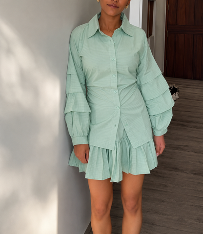 Sage Green Stripes Cotton Poplin Ruffle Skort Set