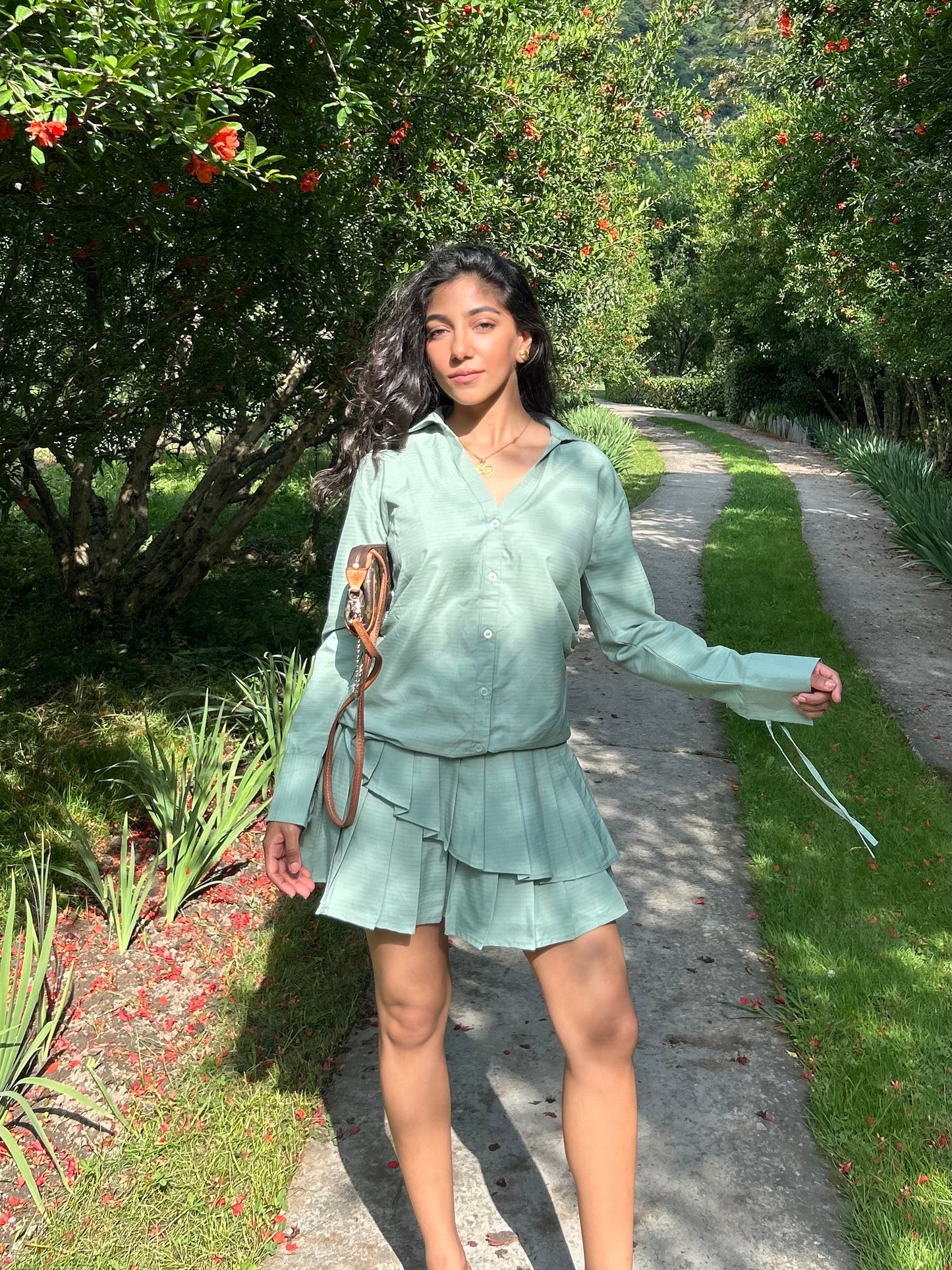Sage Stripes Cotton Poplin Shirt & Pleated Skort Set