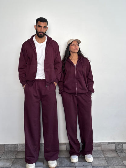 Unisex Burgundy Zipper Hoodie Cotton Fleece SET (Medium Warmth)