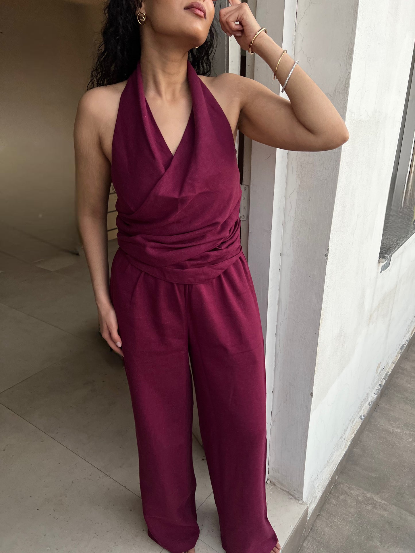 Wine Cotton Linen Ruched Halter Top & Pants Set