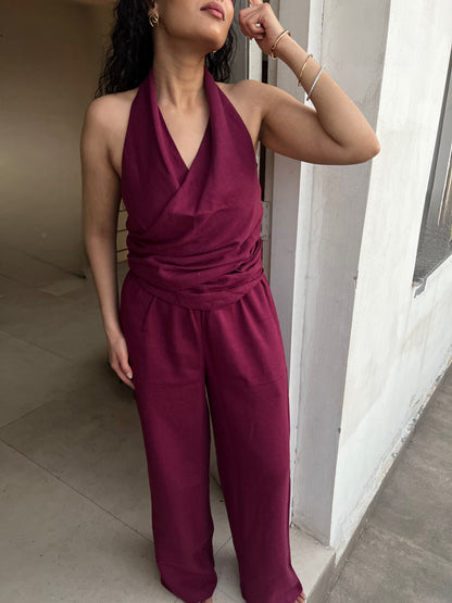 Wine Cotton Linen Ruched Halter Top & Pants Set