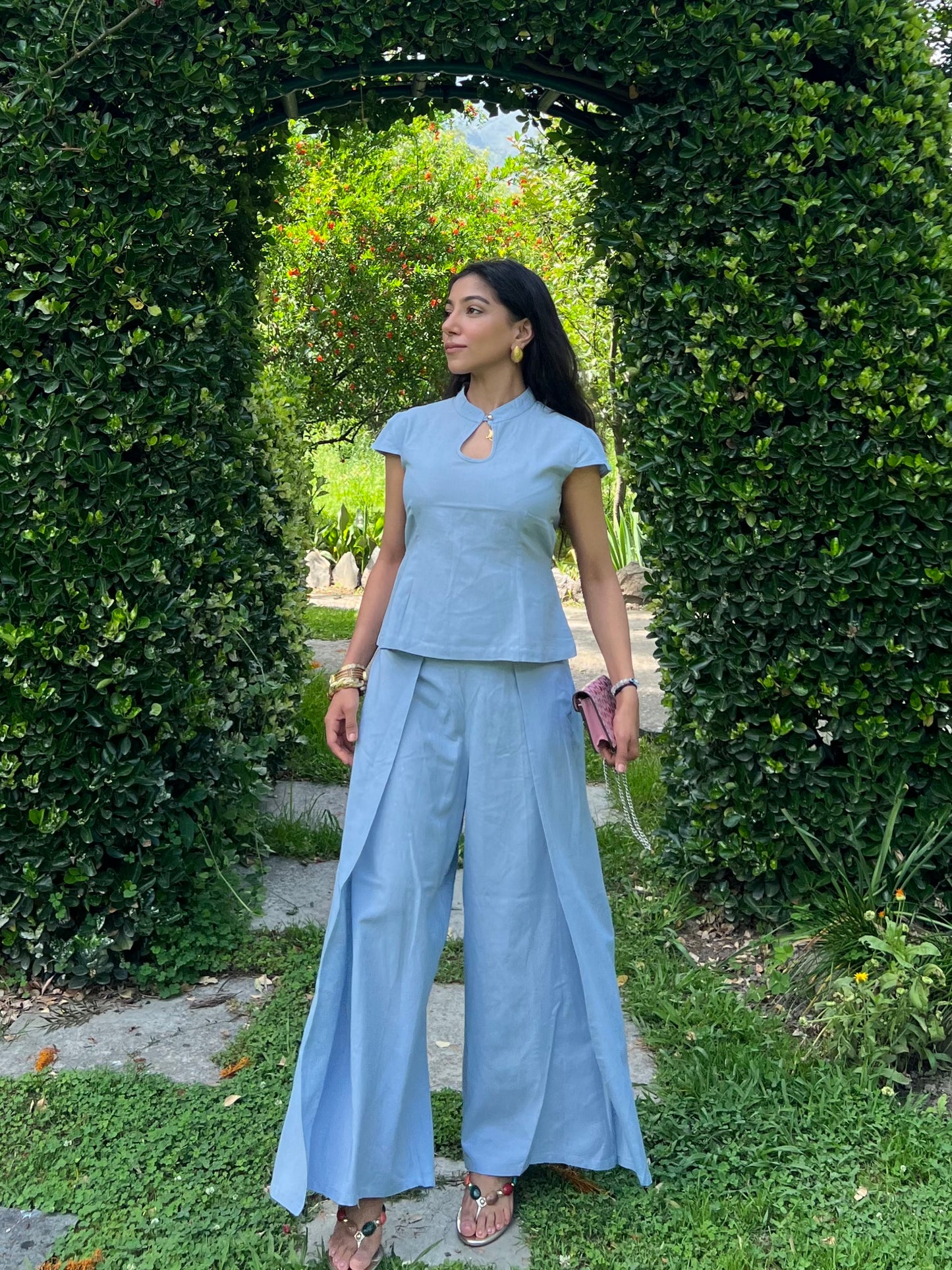 Powder Blue Pure Cotton Keyhole Shirt & Pants Set