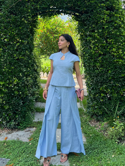 Powder Blue Pure Cotton Keyhole Shirt & Pants Set