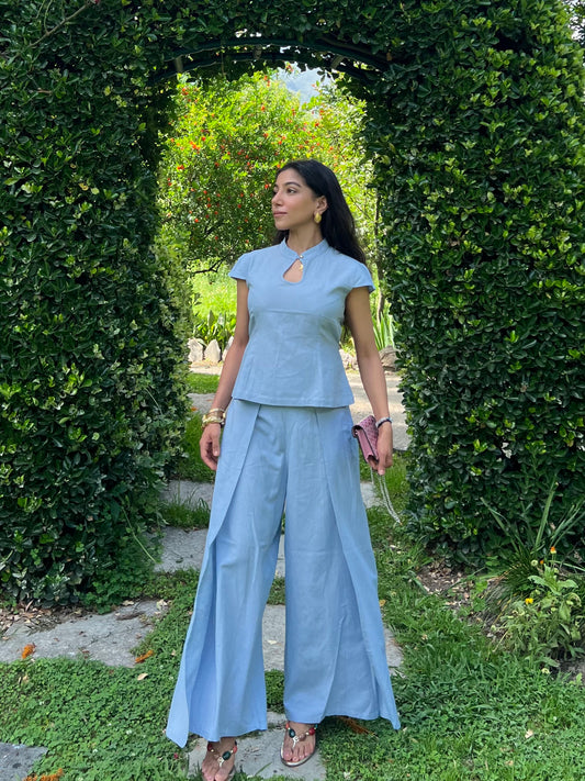 Powder Blue Pure Cotton Keyhole Shirt & Pants Set