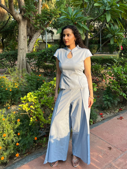 Powder Blue Pure Cotton Keyhole Shirt & Pants Set
