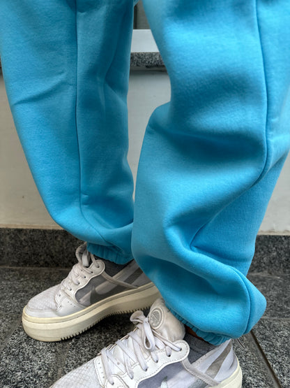 Light Blue Cropped Hoodie Cotton Fleece SET