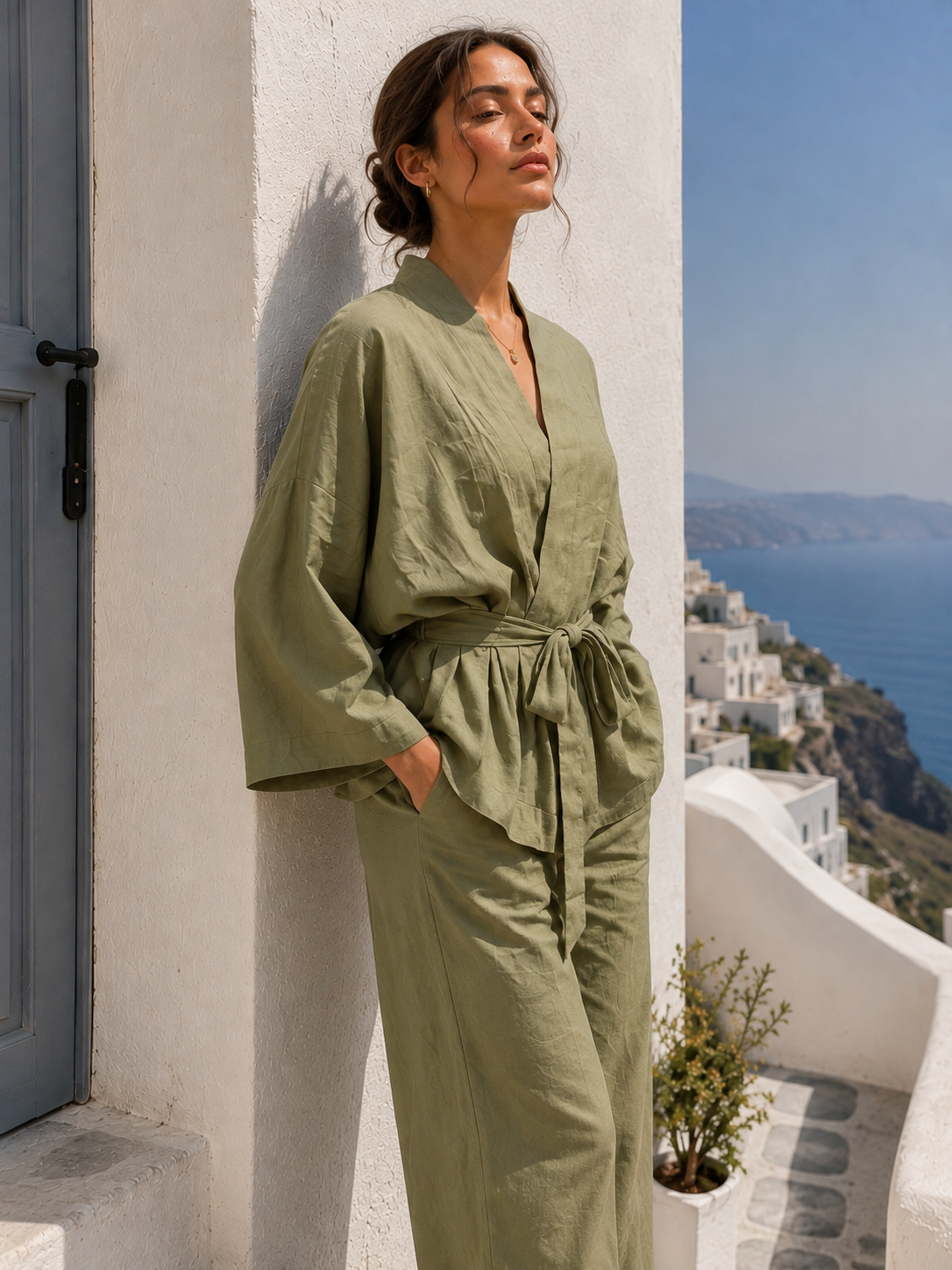 Olive Green Cotton Linen Kimono Set