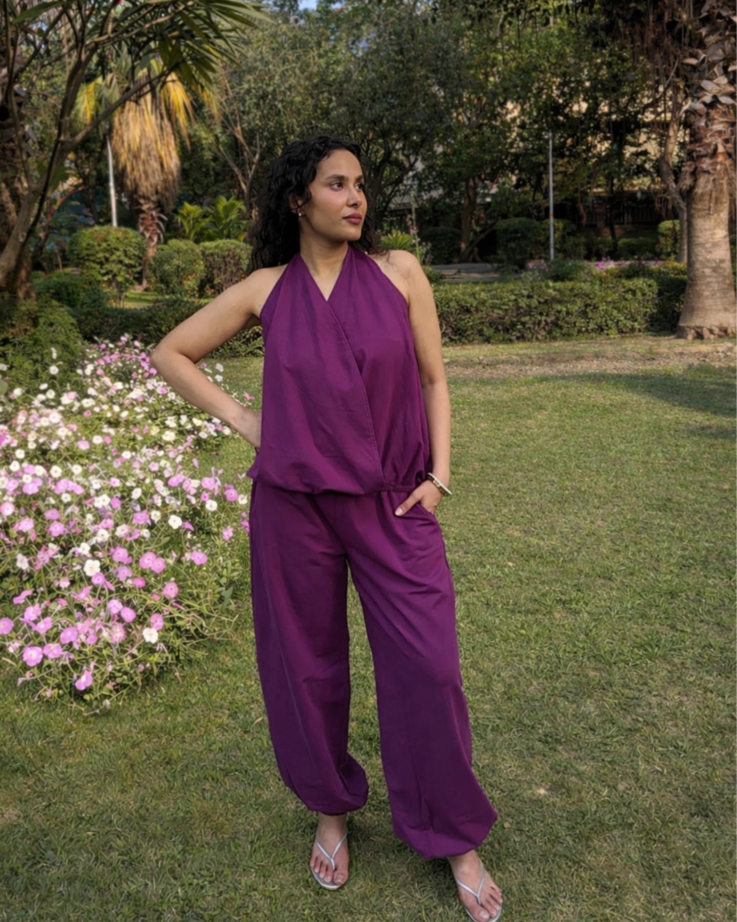 Plum Cotton Terry Tie-Up Top & Balloon Pants Set