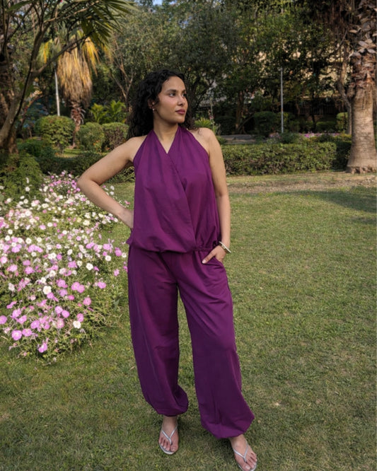 Plum Cotton Terry Tie-Up Top & Balloon Pants Set