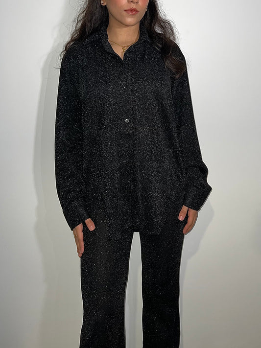 Black Cotton Shimmer Shirt Set