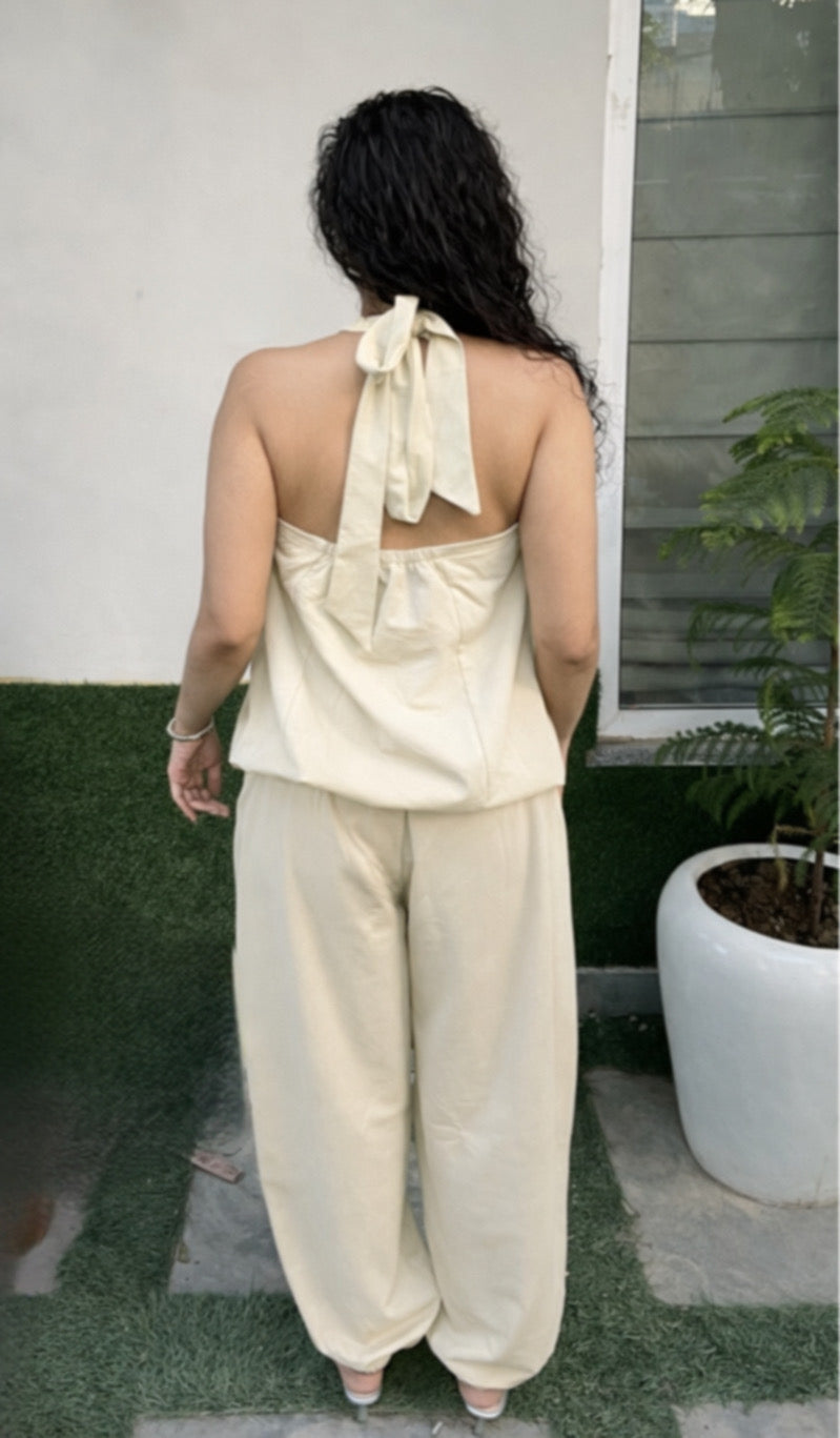 Cream Cotton Tie-Up Top & Balloon Pants Set