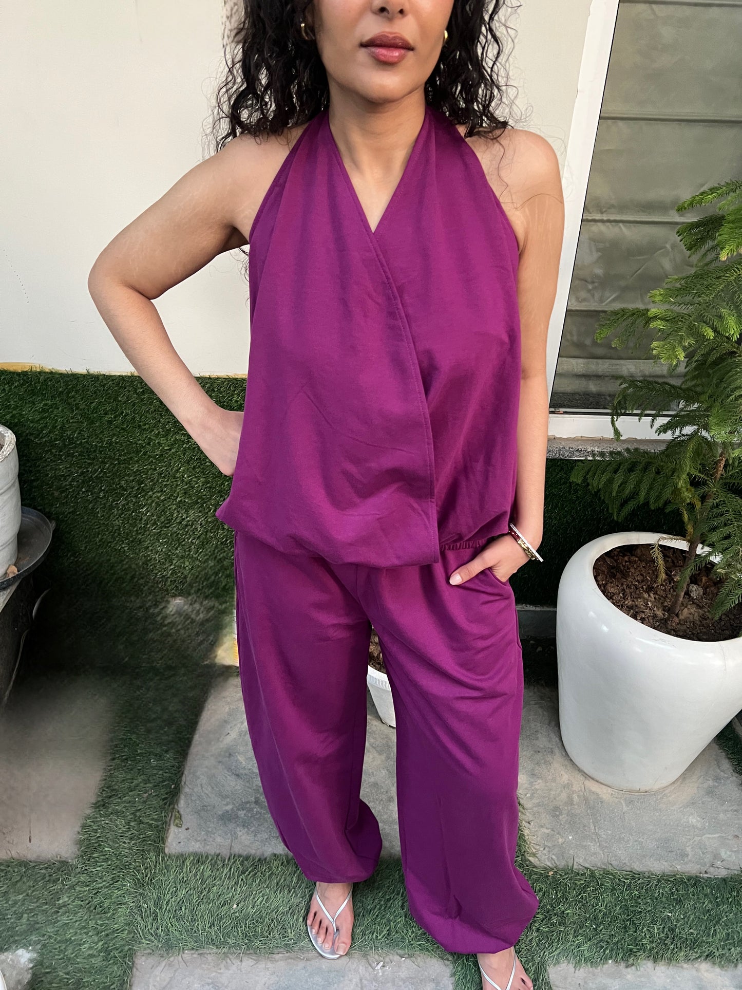Plum Cotton Terry Tie-Up Top & Balloon Pants Set
