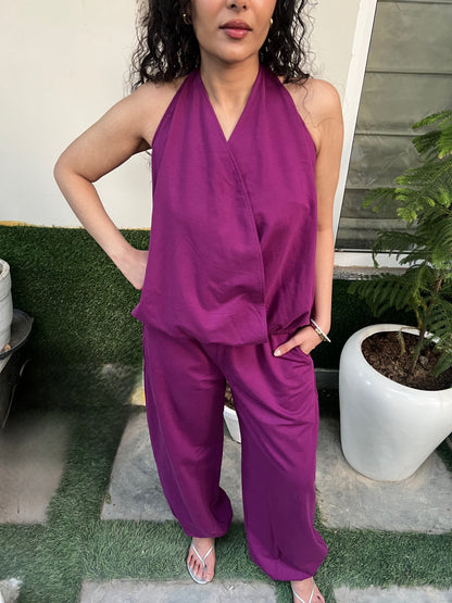 Plum Cotton Terry Tie-Up Top & Balloon Pants Set