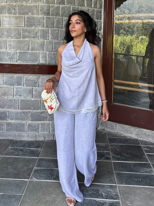 Cotton Melange Cowl Neck Lace Detailing Set