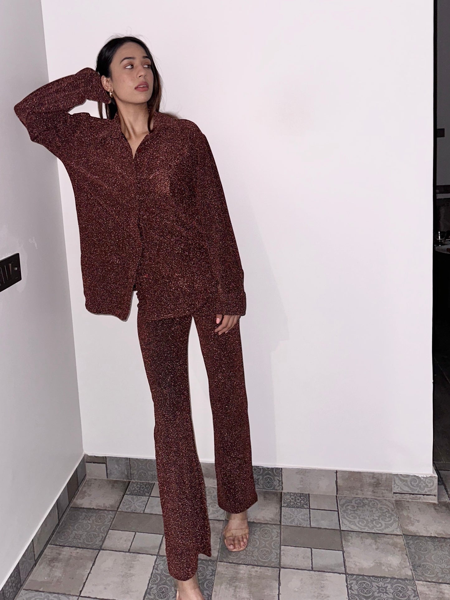 Brown Cotton Shimmer Shirt Set