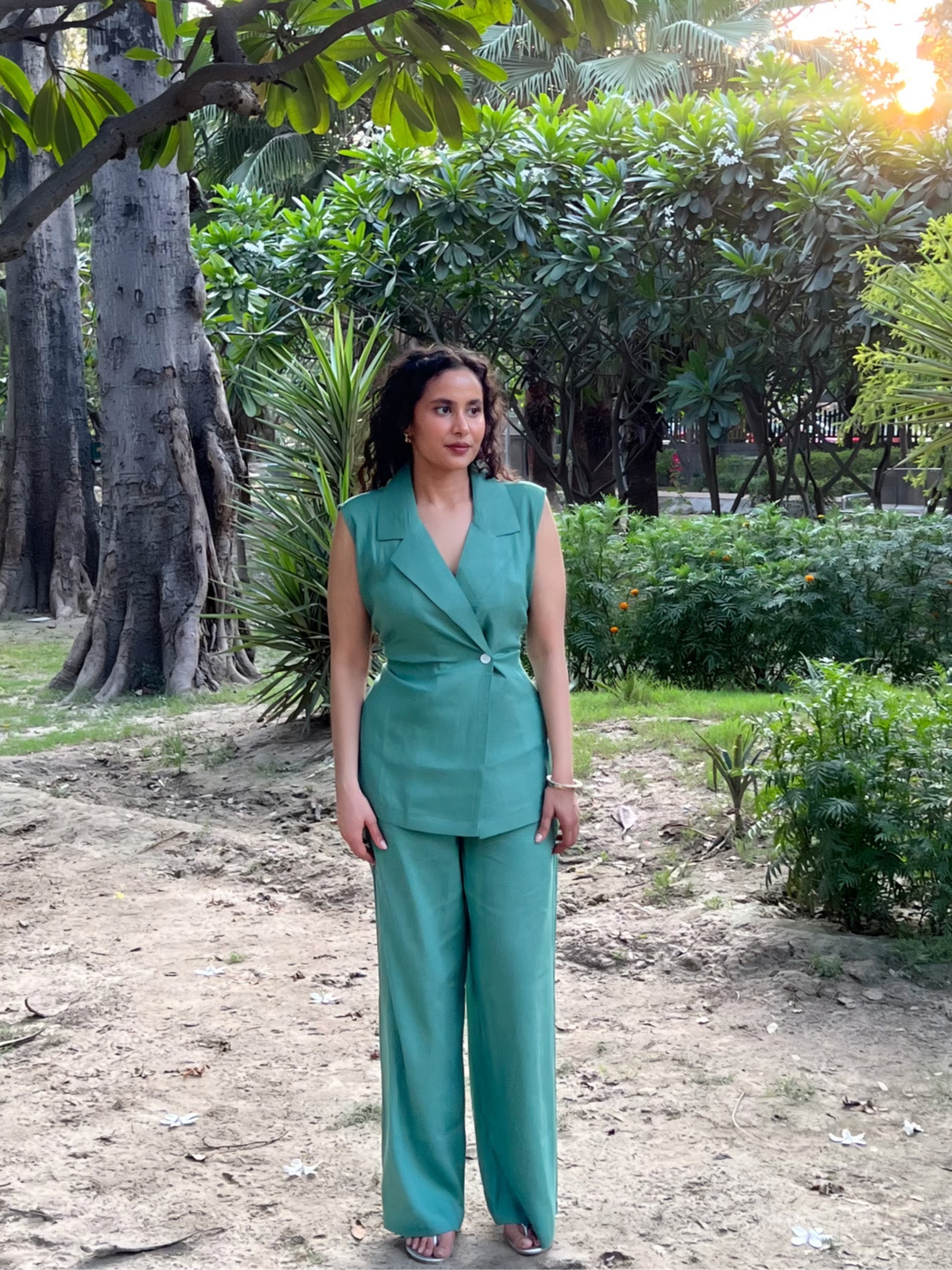 Sage Green Pure Cotton Blazer & Pants Set