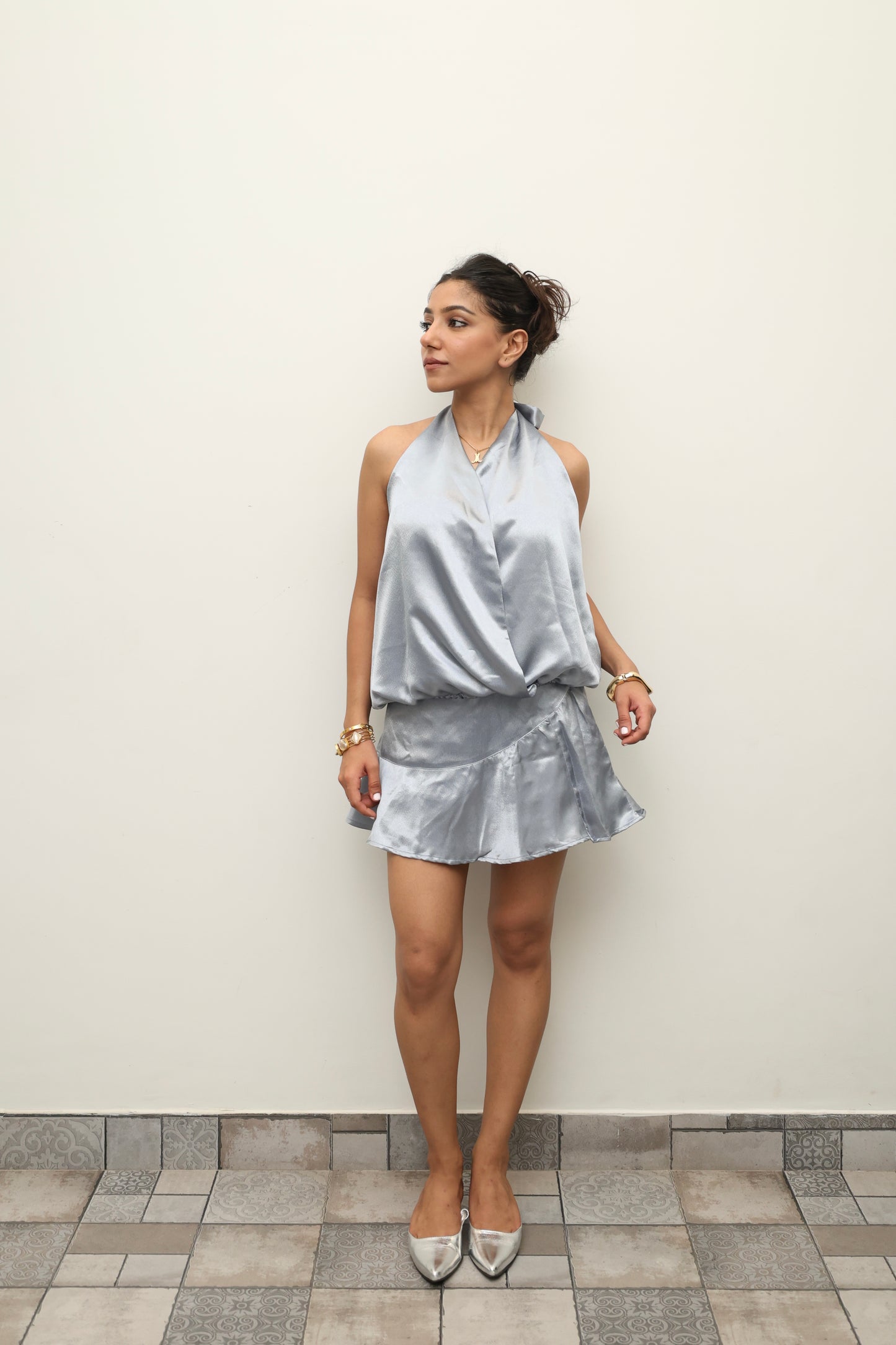 Subtle Silver Luxe Satin SKORT Set