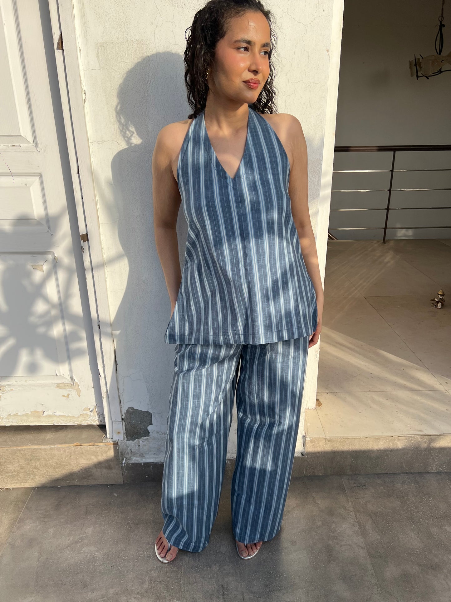 Blue Pure Cotton Stripes Tie up & Pants Set
