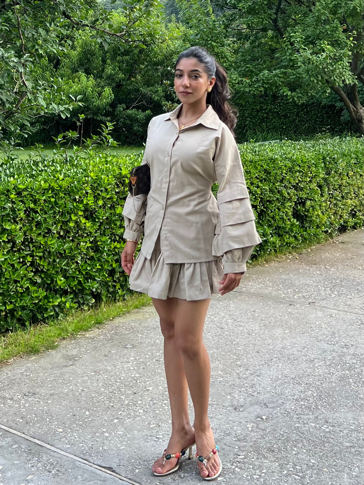 Ecru Cotton Linen Ruffle Skort Set