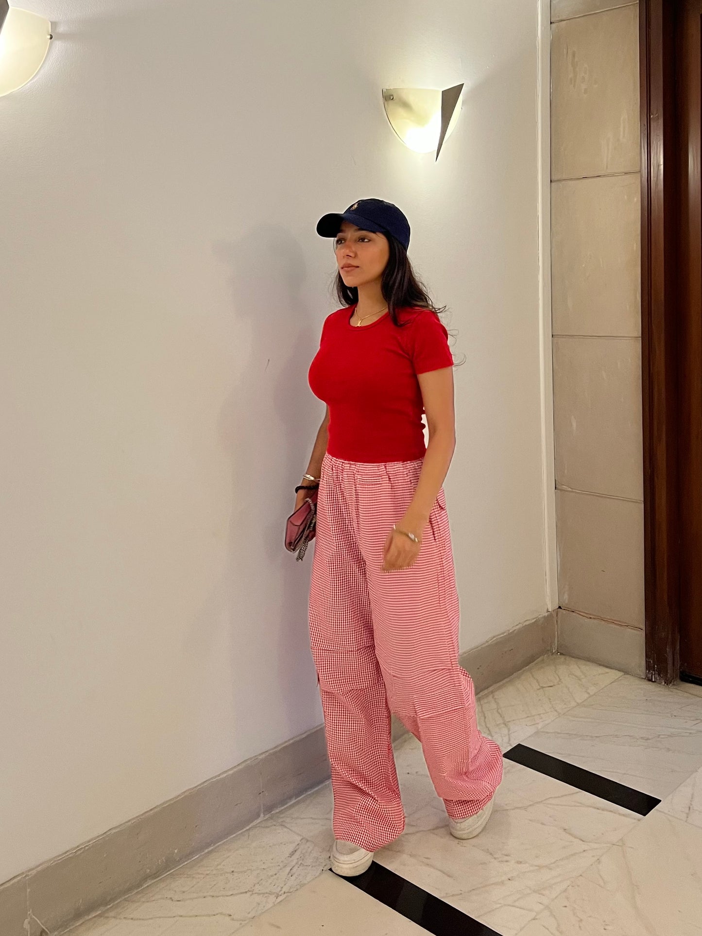 Red Half Sleeves Gingham Pant Set