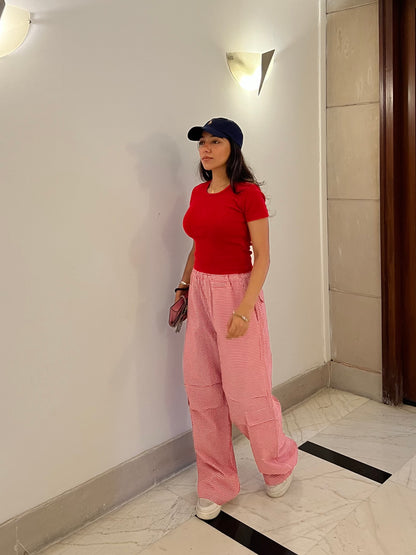 Red Half Sleeves Gingham Pant Set