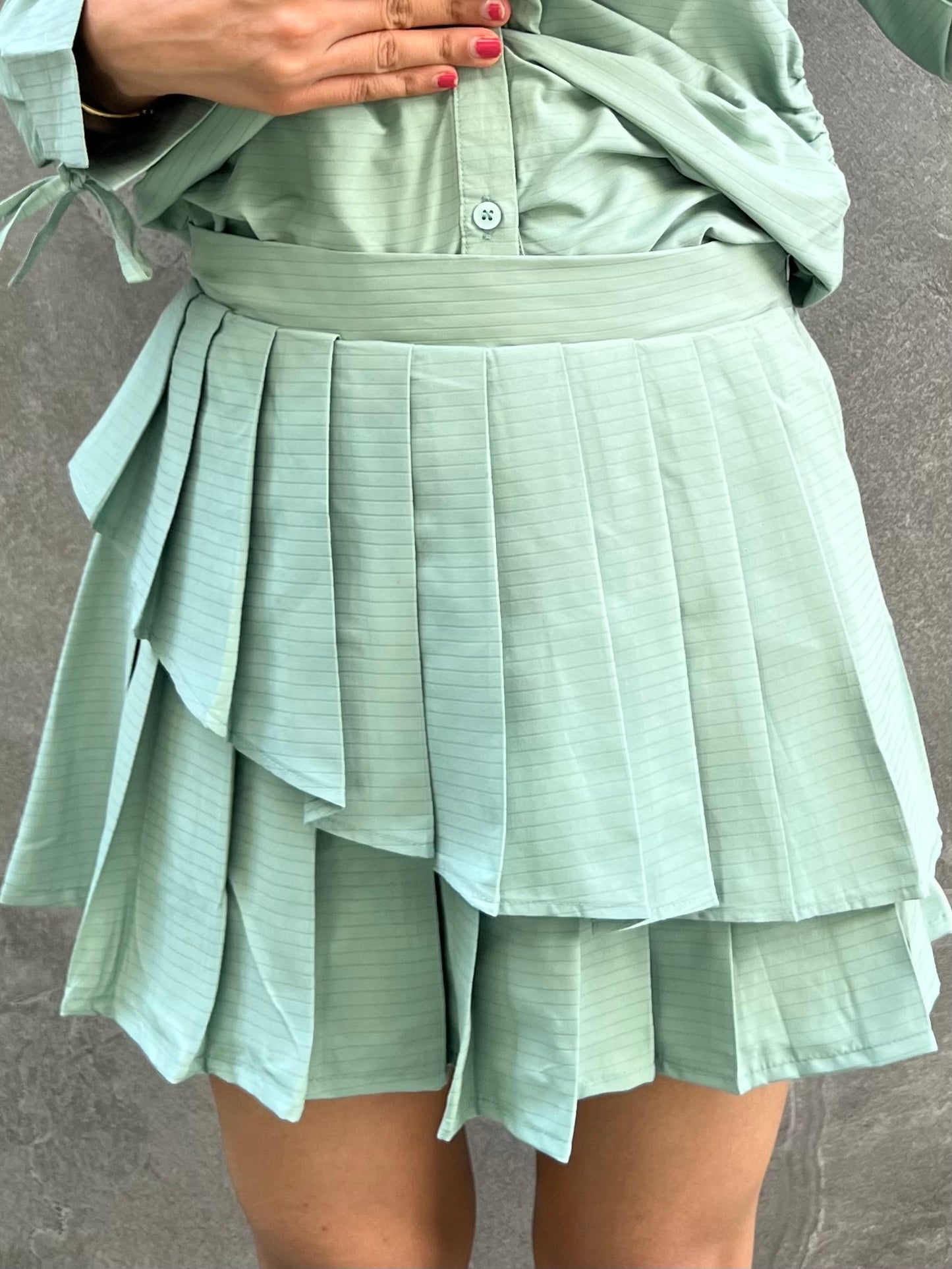 Sage Stripes Cotton Poplin Shirt & Pleated Skort Set