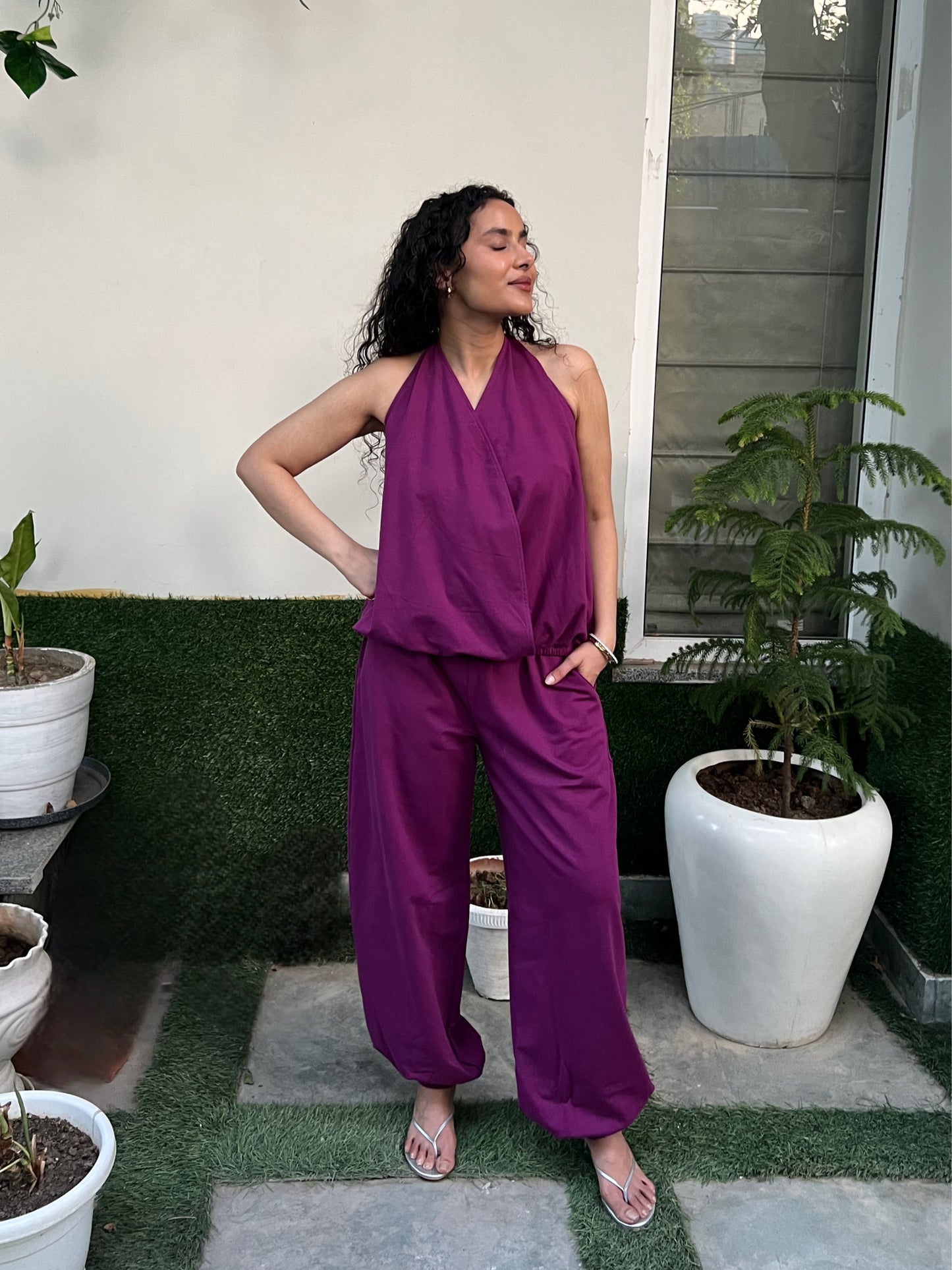 Plum Cotton Terry Tie-Up Top & Balloon Pants Set