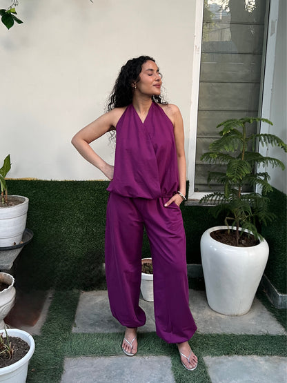Plum Cotton Terry Tie-Up Top & Balloon Pants Set
