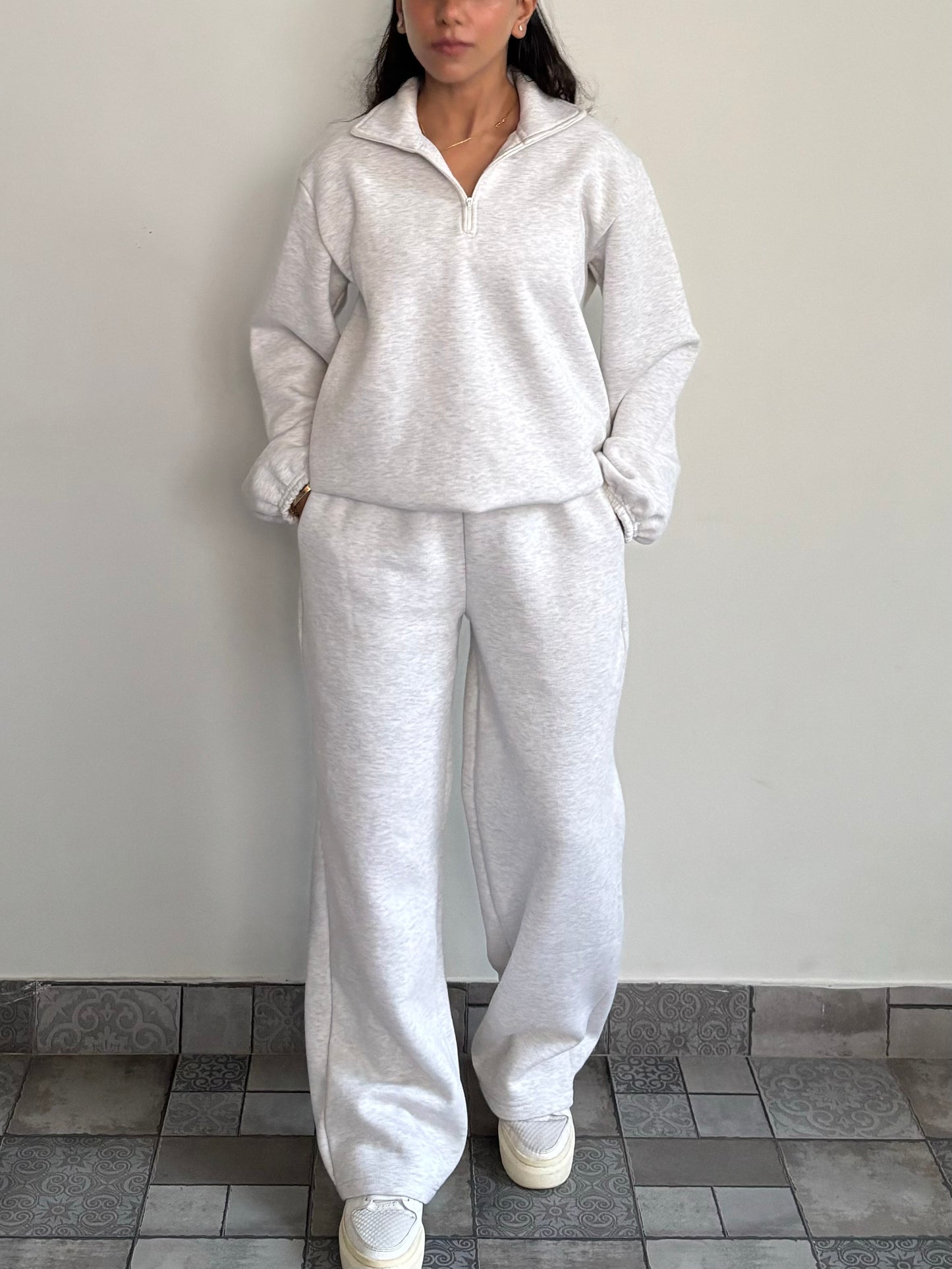 Unisex Grey Melange Half-Zip Cotton Fleece SET  (High Warmth)