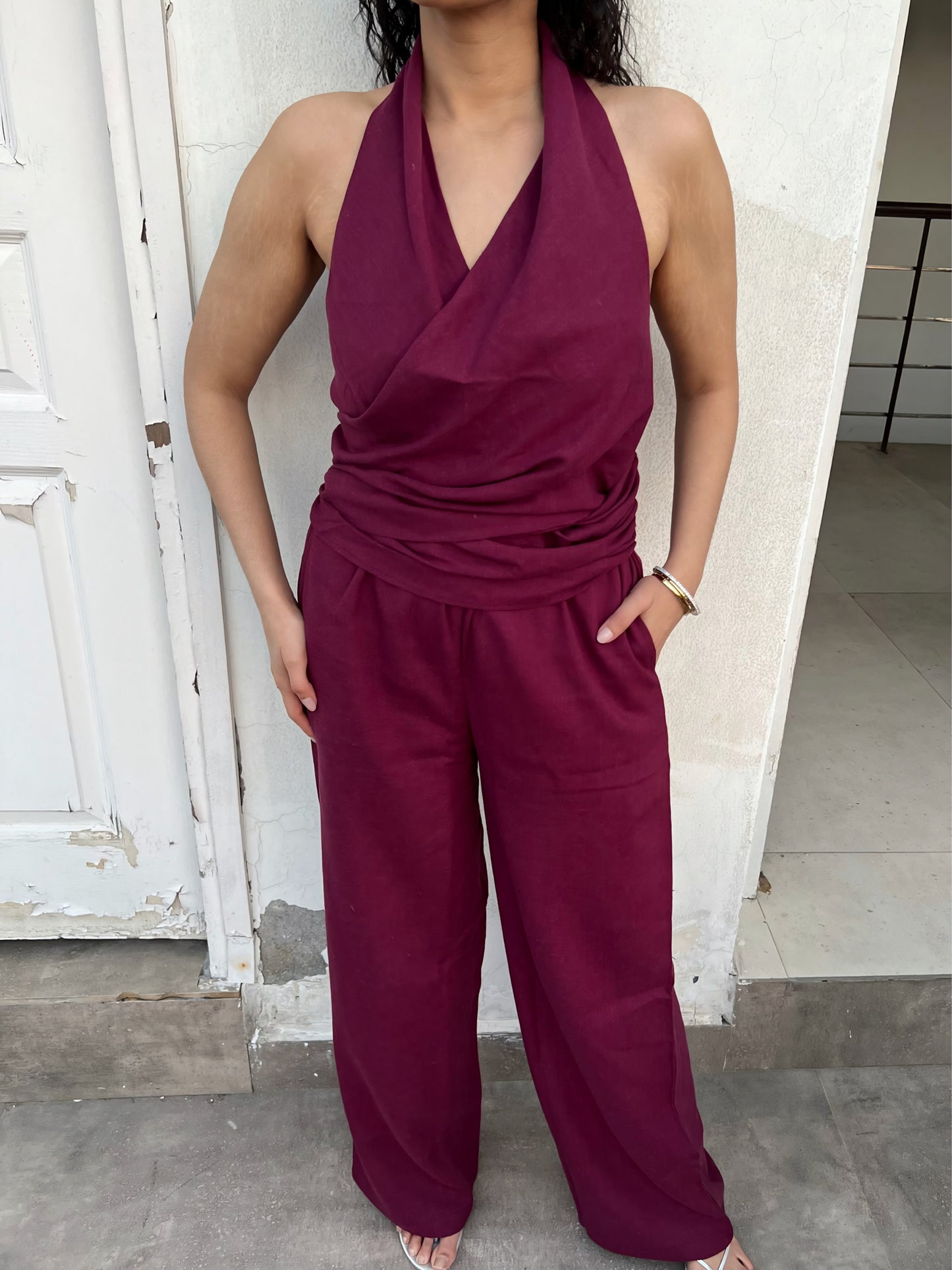 Wine Cotton Linen Ruched Halter Top & Pants Set