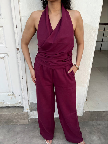Wine Cotton Linen Ruched Halter Top & Pants Set