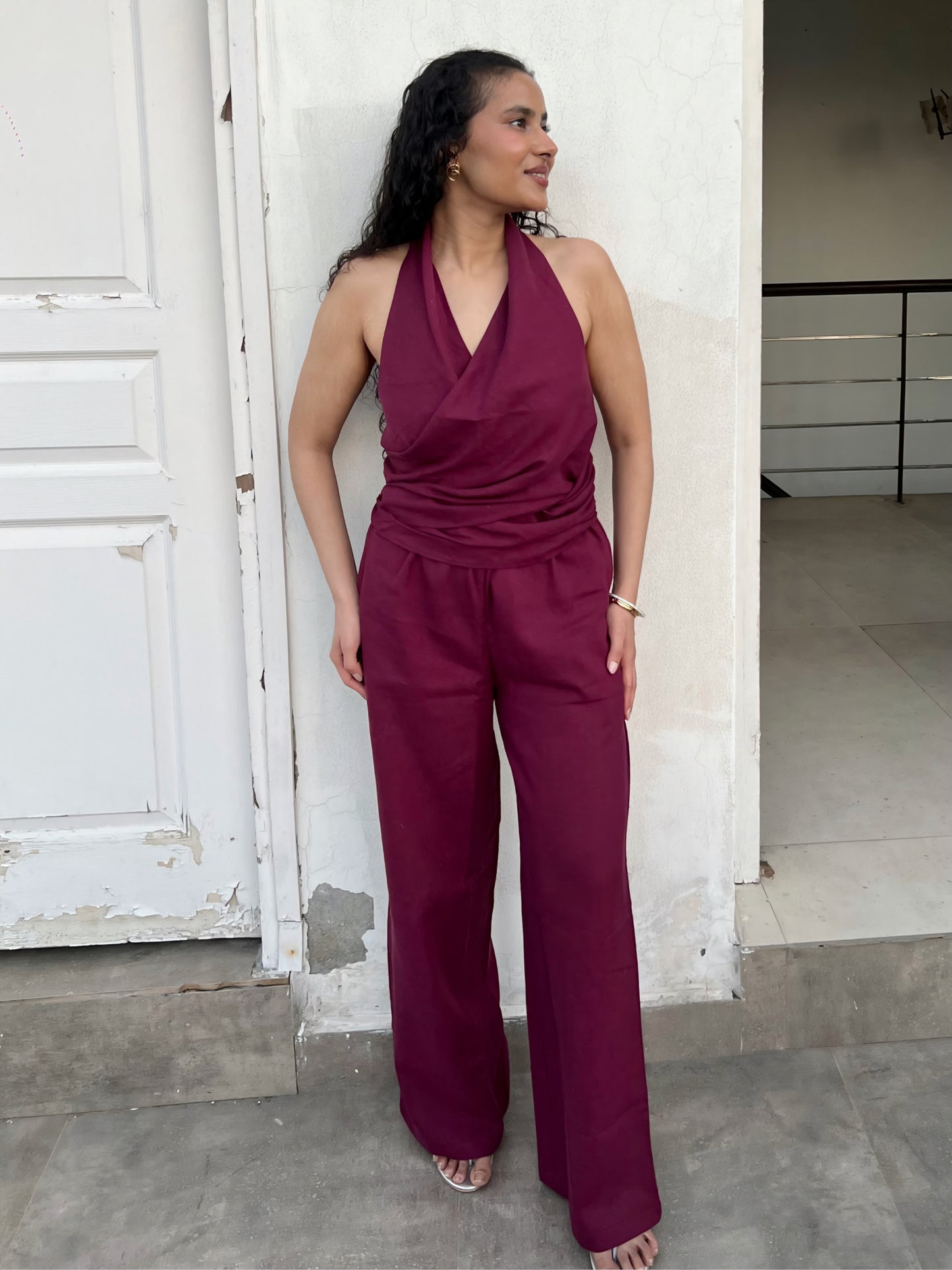 Wine Cotton Linen Ruched Halter Top & Pants Set