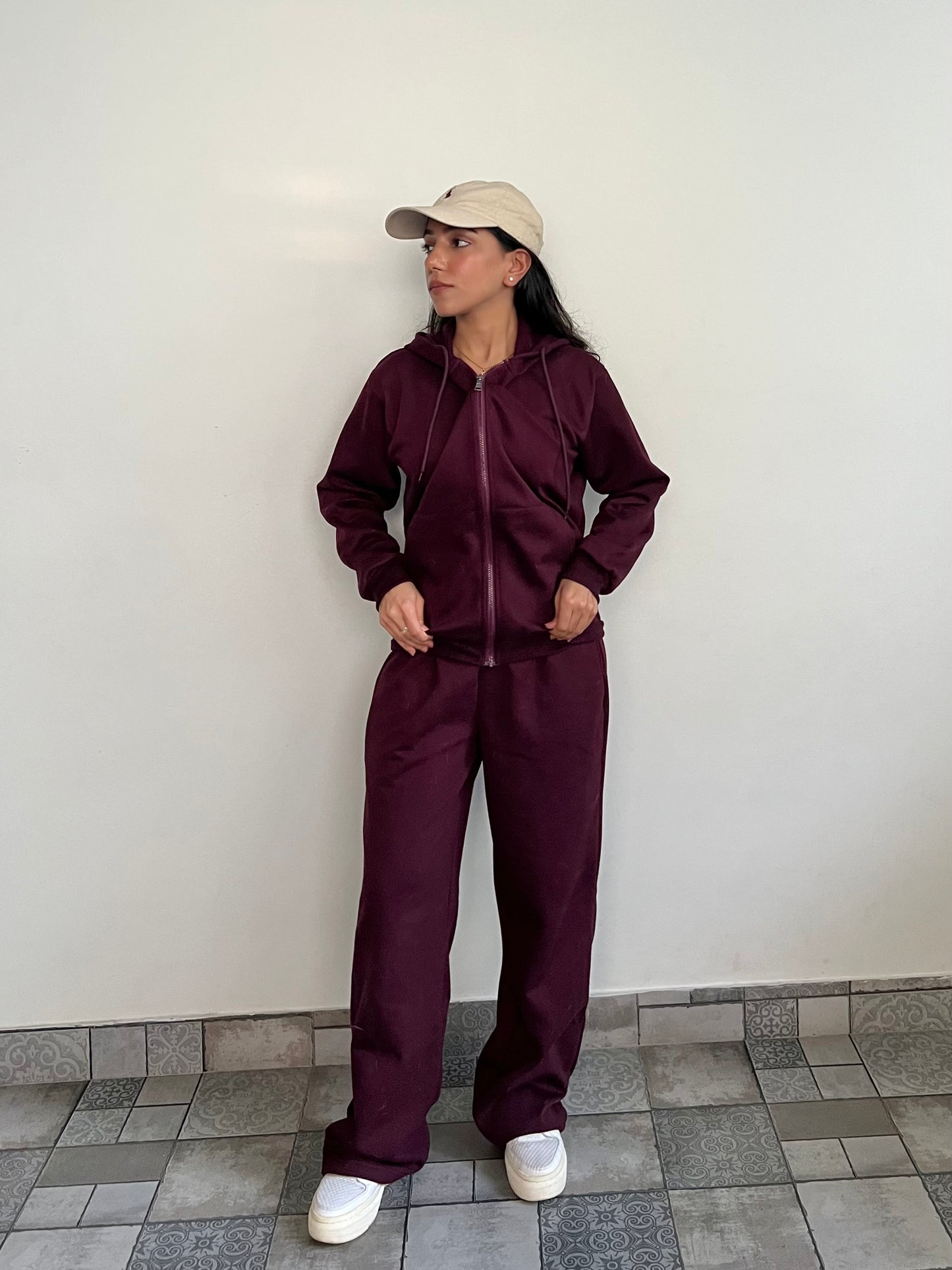 Unisex Burgundy Zipper Hoodie Cotton Fleece SET (Medium Warmth)