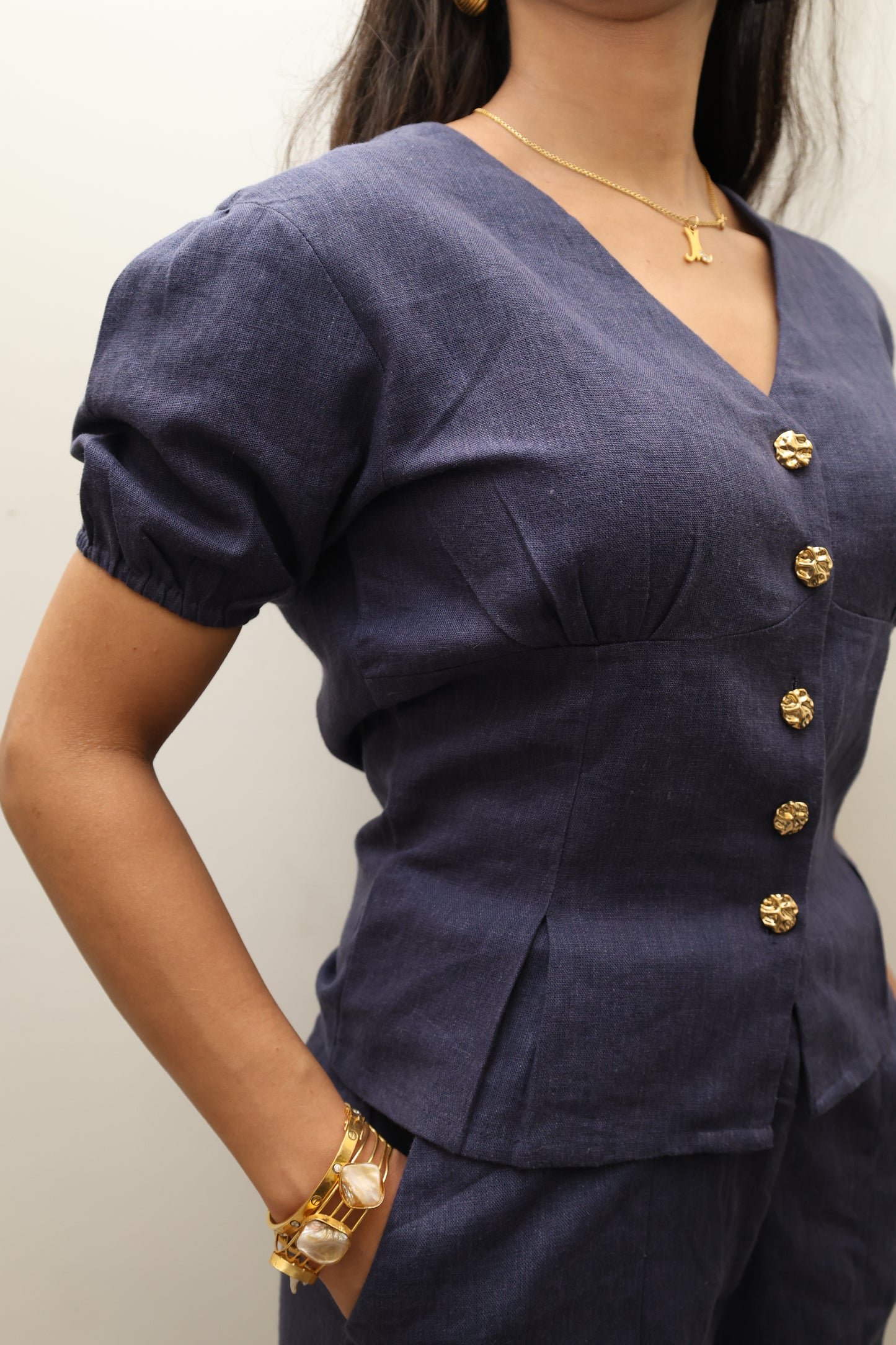 Navy Blue Cotton Linen Blend Sculpted Set