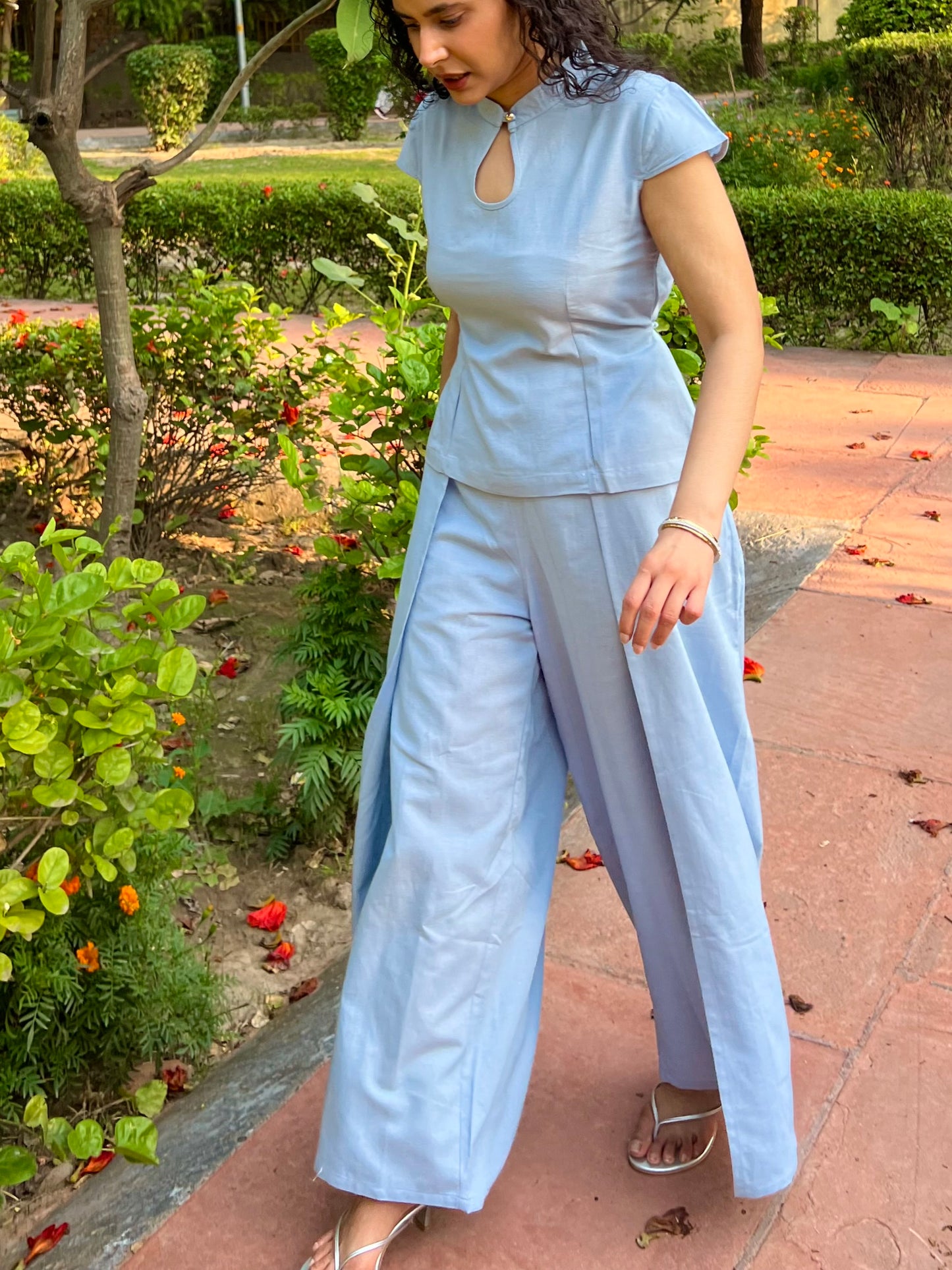 Powder Blue Pure Cotton Keyhole Shirt & Pants Set