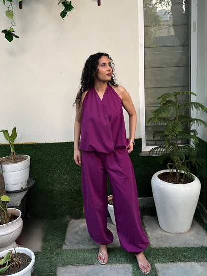 Plum Cotton Terry Tie-Up Top & Balloon Pants Set