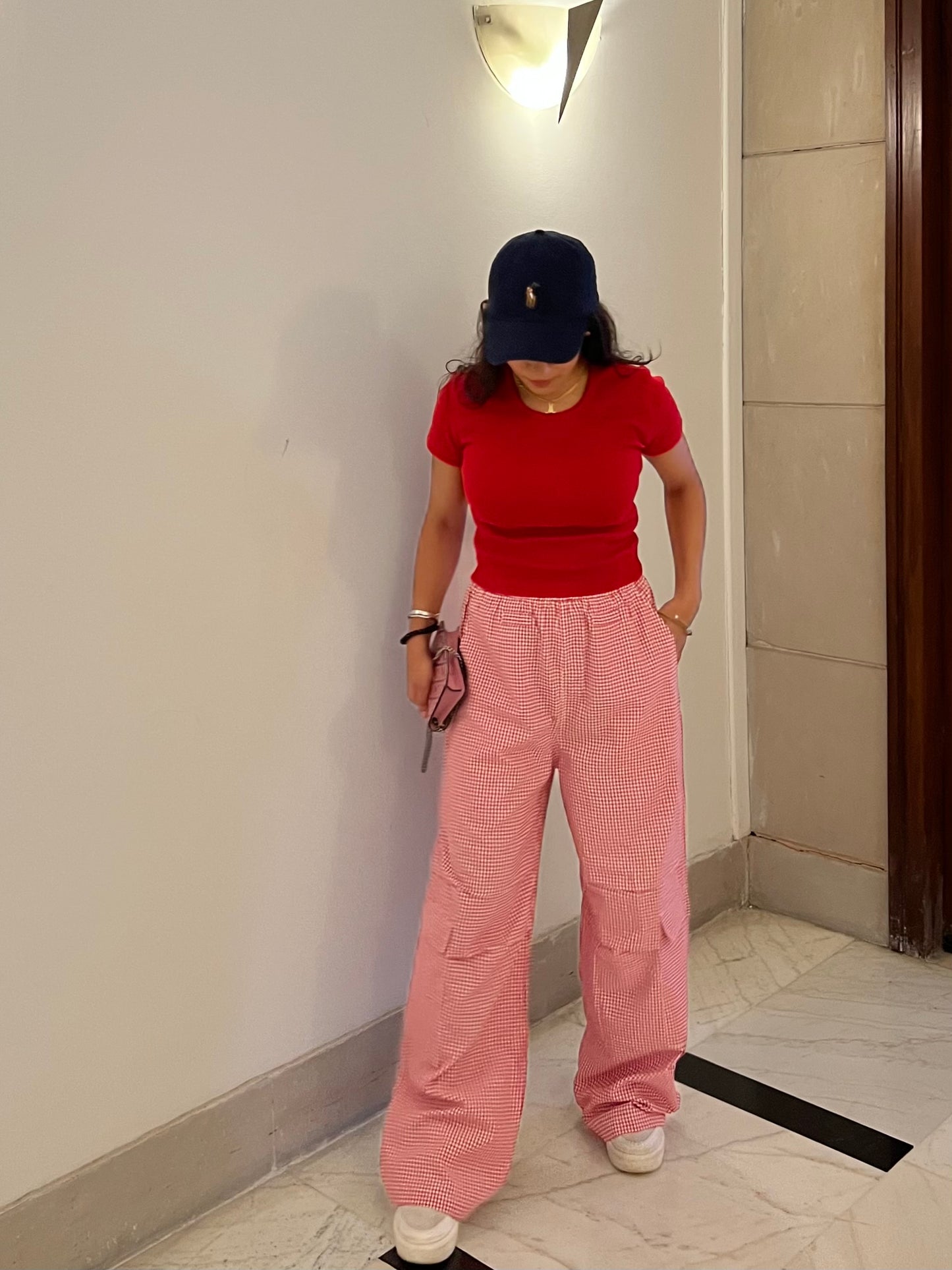 Red Half Sleeves Gingham Pant Set