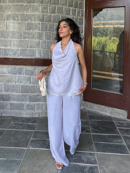 Cotton Melange Cowl Neck Lace Detailing Set