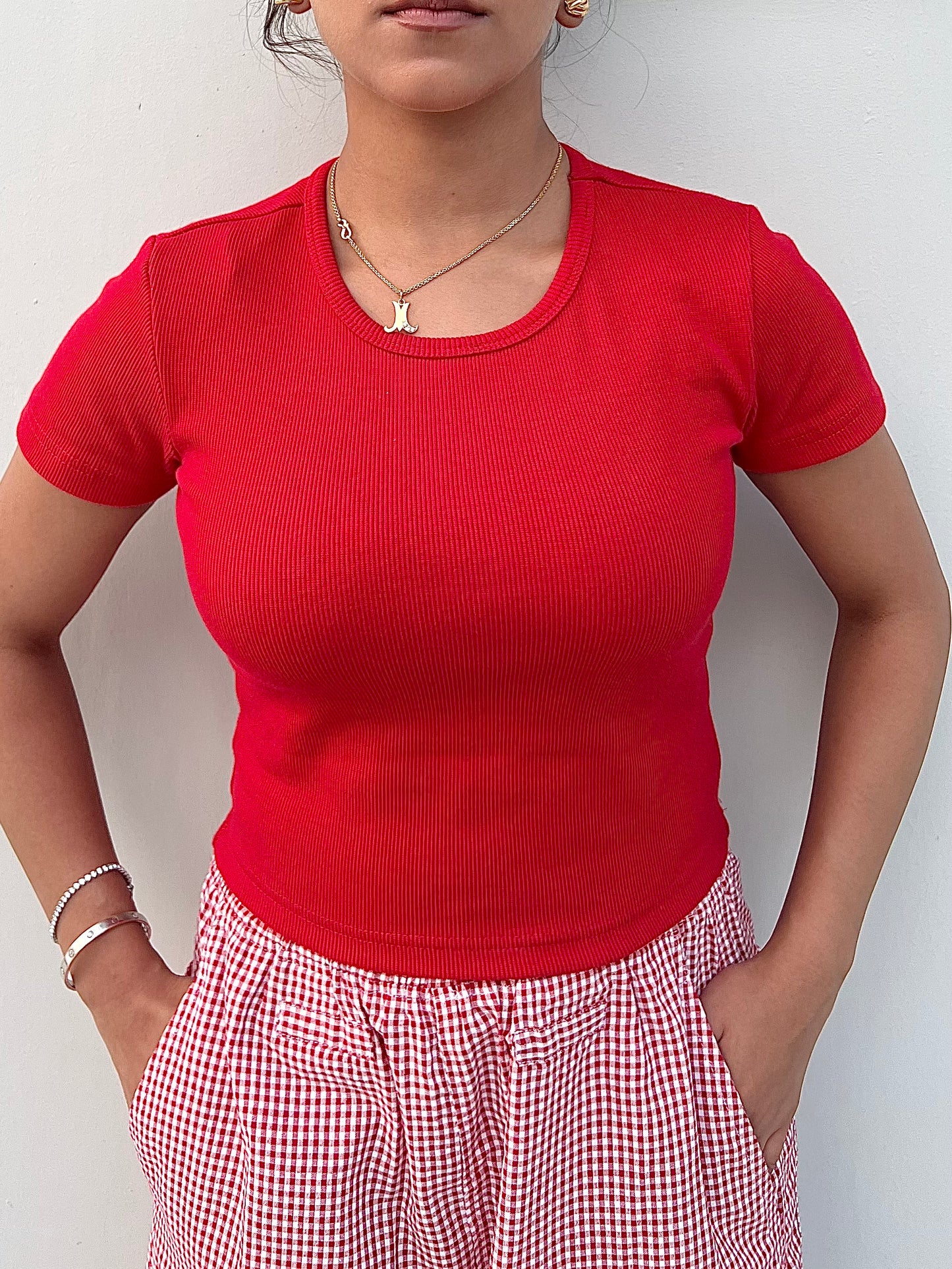 Red Half Sleeves Gingham Pant Set