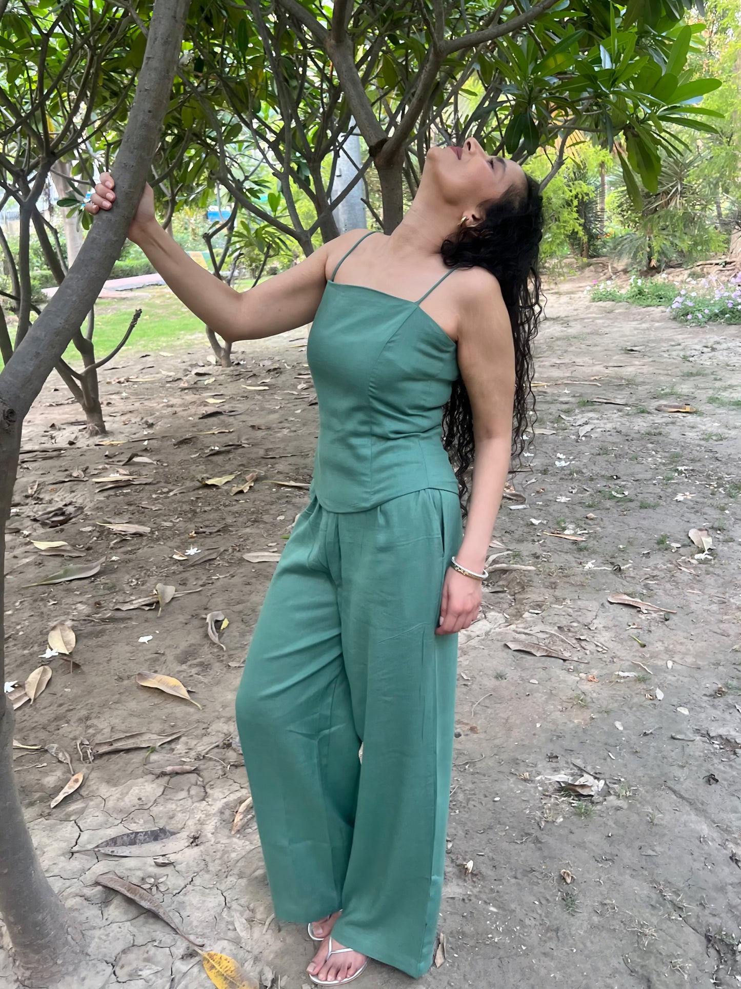 Sage Green Pure Cotton Boned Corset Top & Pants Set