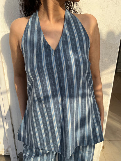 Blue Pure Cotton Stripes Tie up & Pants Set