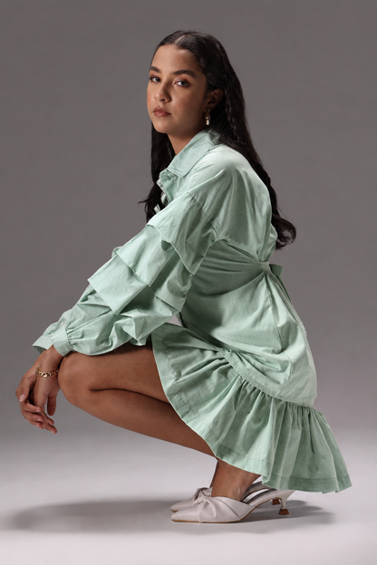 Sage Green Stripes Cotton Poplin Ruffle Skort Set