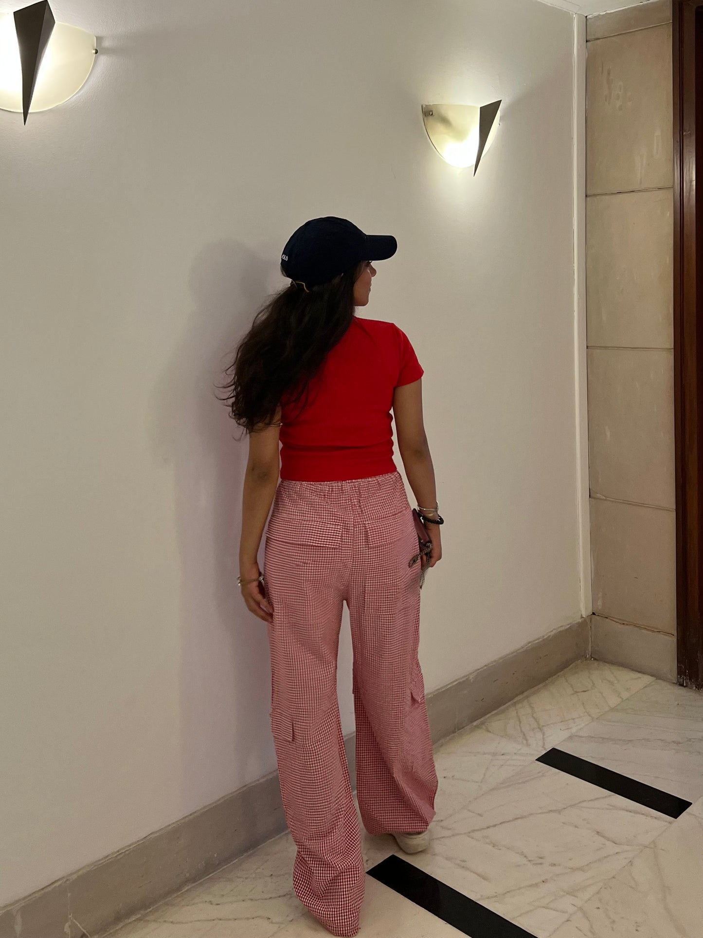 Red Half Sleeves Gingham Pant Set