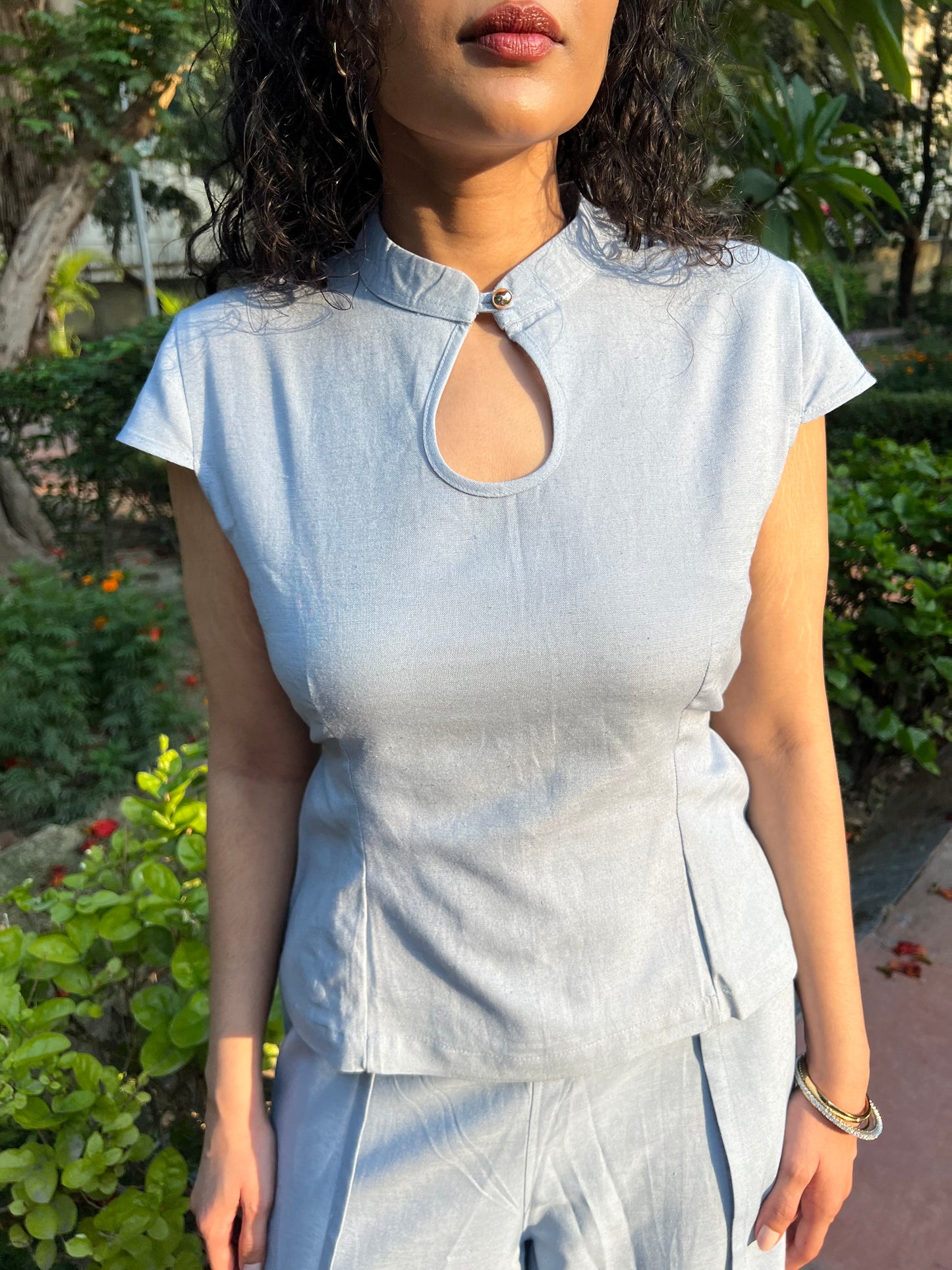 Powder Blue Pure Cotton Keyhole Shirt & Pants Set