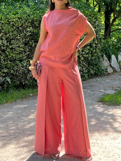 Dusty Rose Pure Cotton Draped Top & Pants Set
