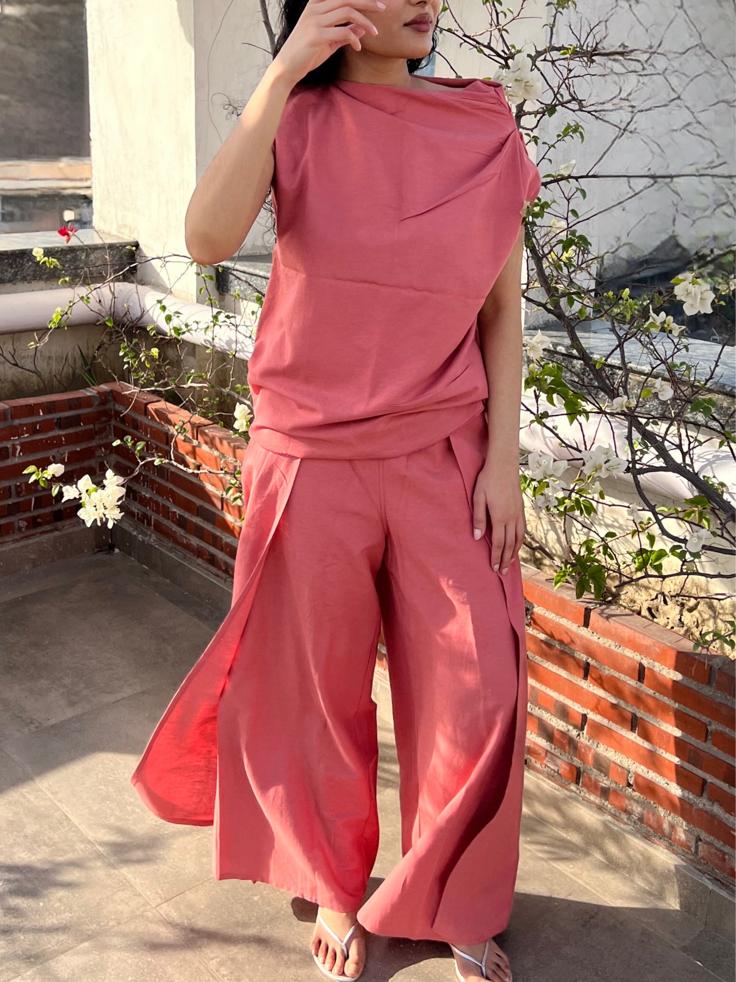 Dusty Rose Cotton Linen Draped Top & Pants Set