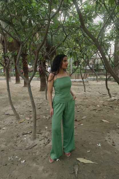Sage Green Pure Cotton Boned Corset Top & Pants Set