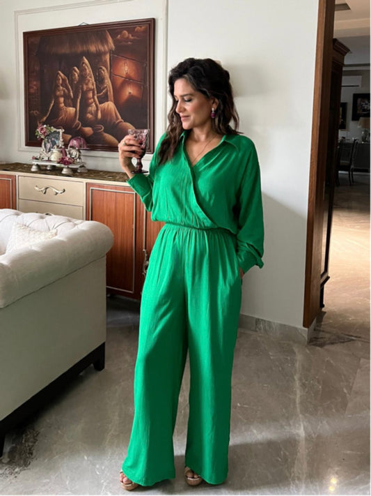 Crinkled Green Crop Shirt Set