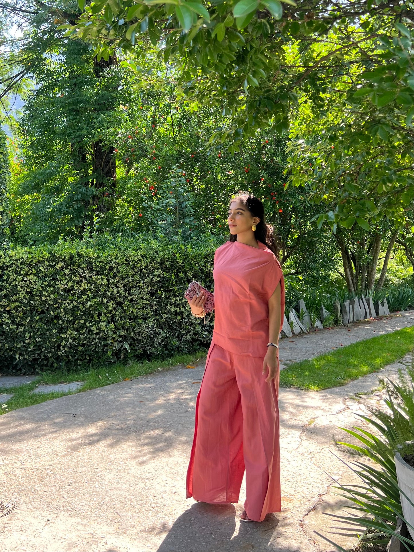 Dusty Rose Pure Cotton Draped Top & Pants Set