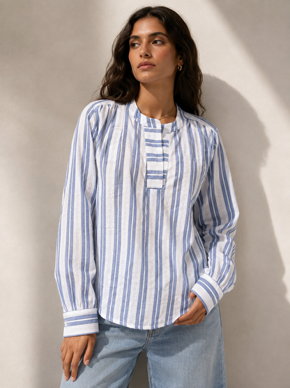 Blue & White Striped Cotton Linen Tunic with lace detailing